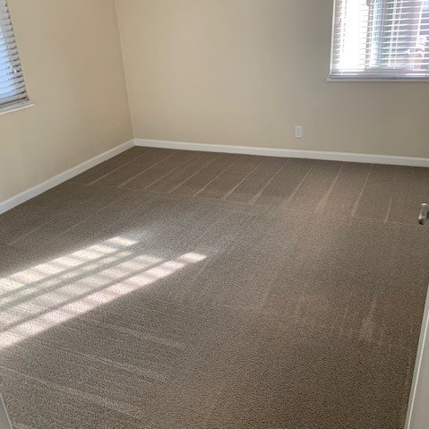 A room with a carpeted floor and a window letting in sunlight.